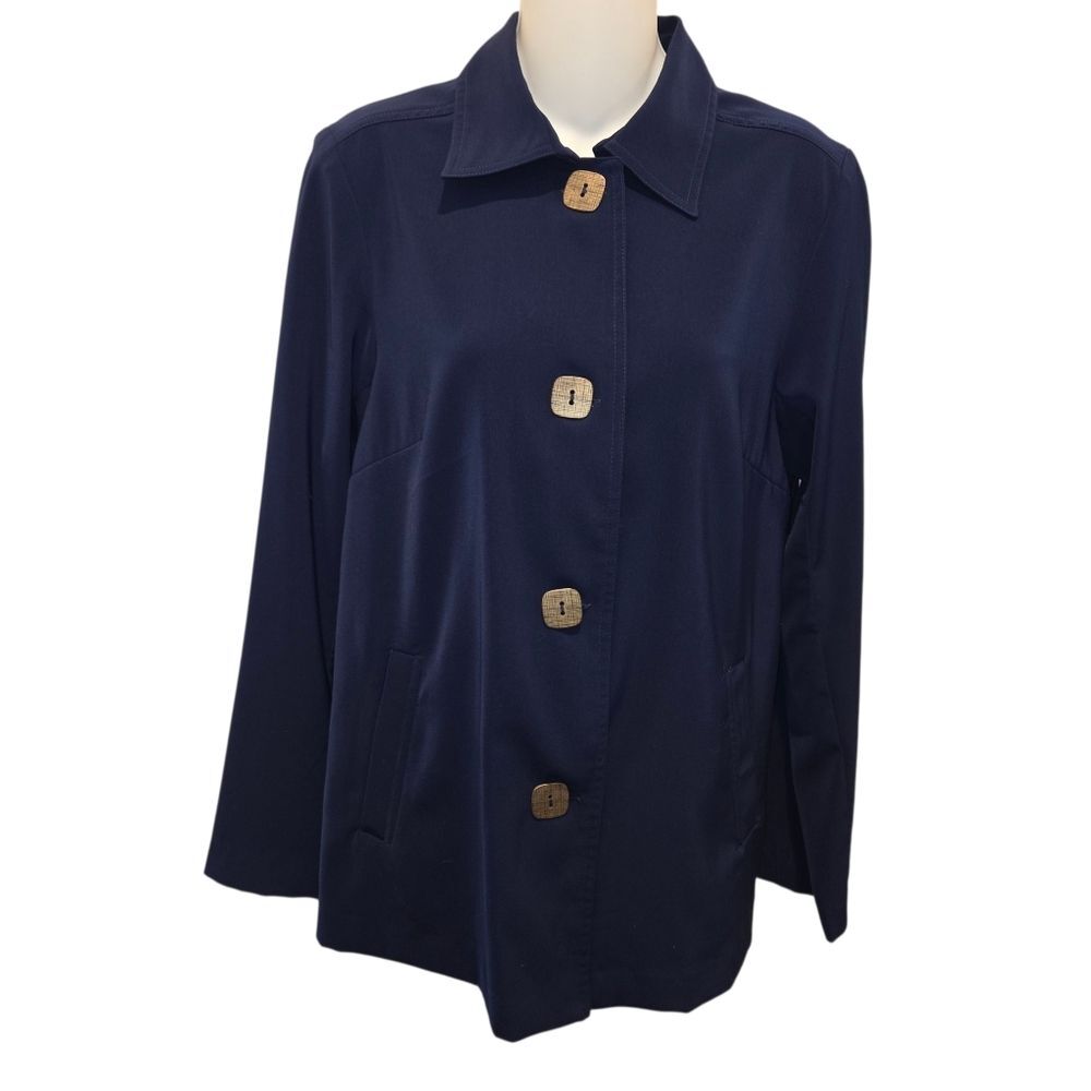 Susan Graver Vintage Peachskin Navy Blue Lightweight Button Up Size Small
